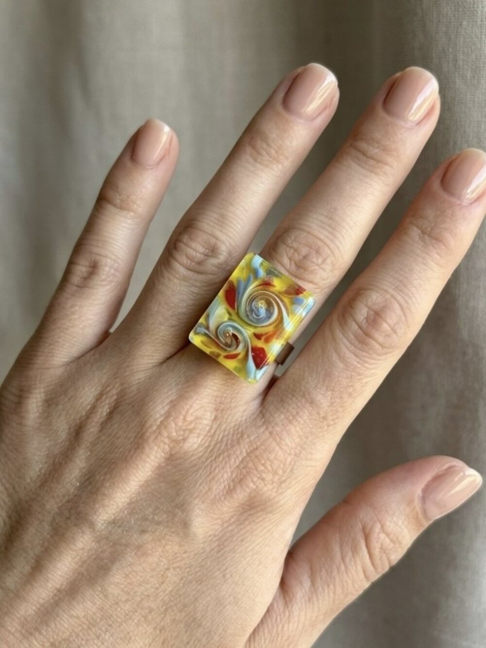 Multicolor Handcrafted Adjustable Rectangular Glass Art Ring